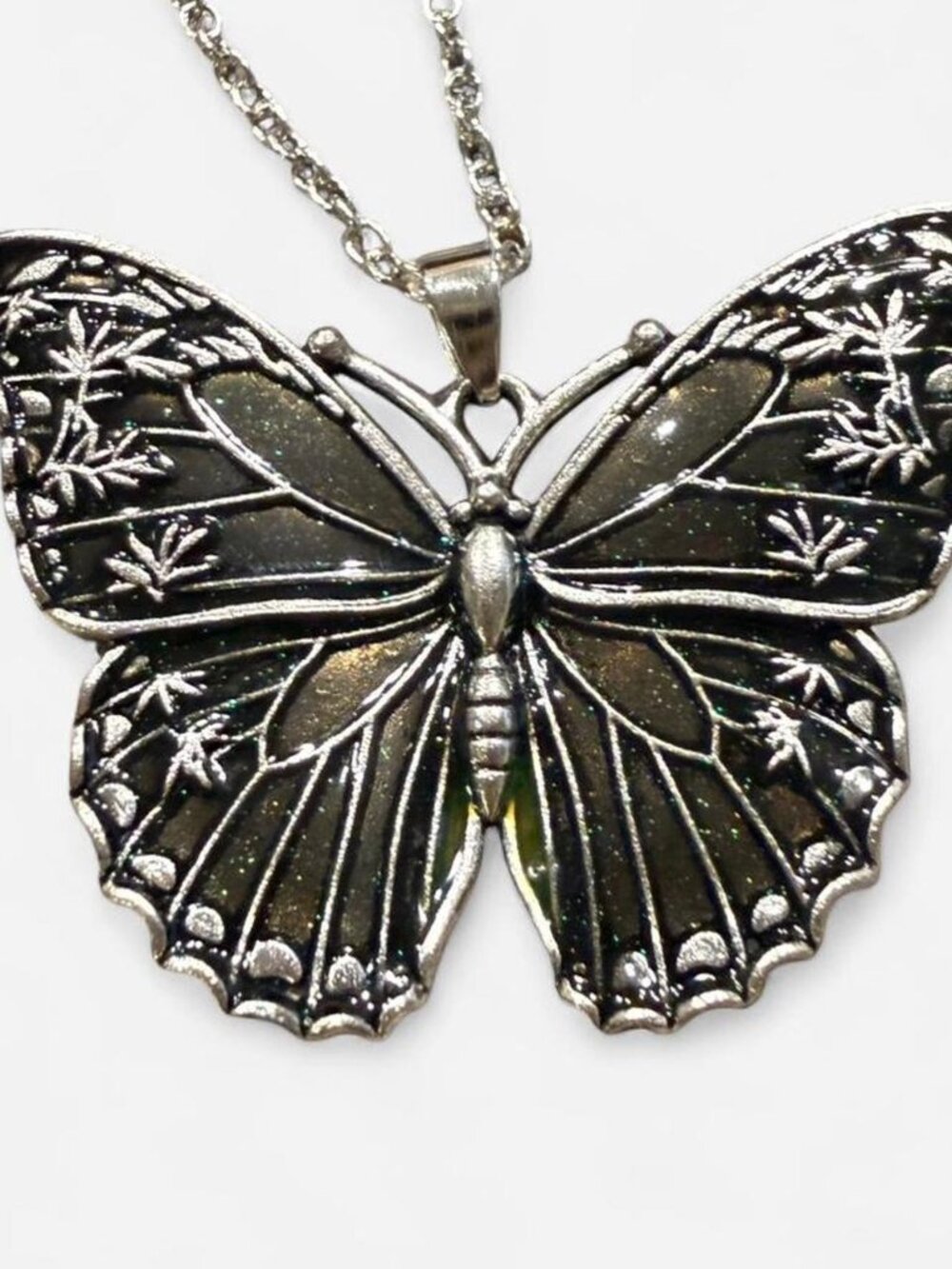 Black Butterfly Pendant Necklace Silver Tone 16" Chain